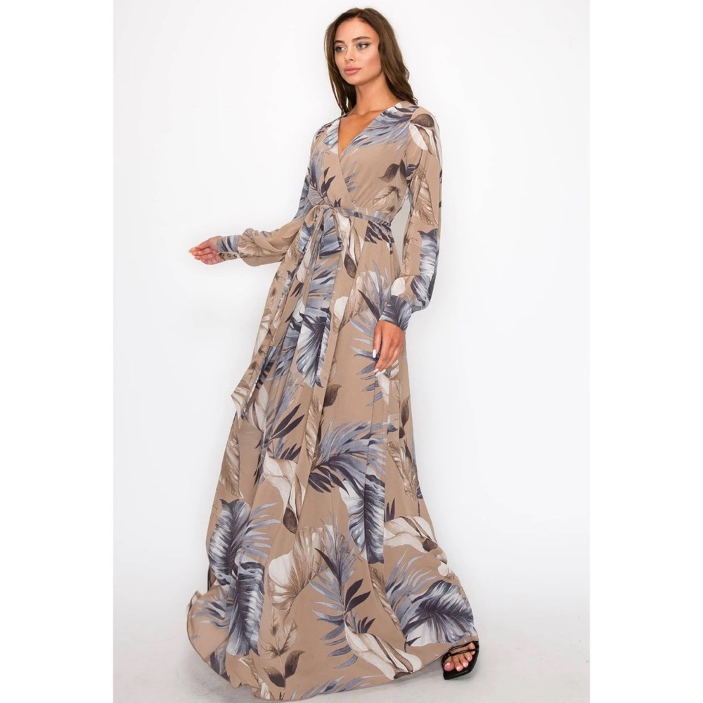 Elegant Tan Floral Maxi Dress